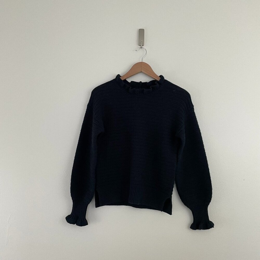 Madewell Ruffle Neck Pullover Black Wool Blend Sweater Size XS